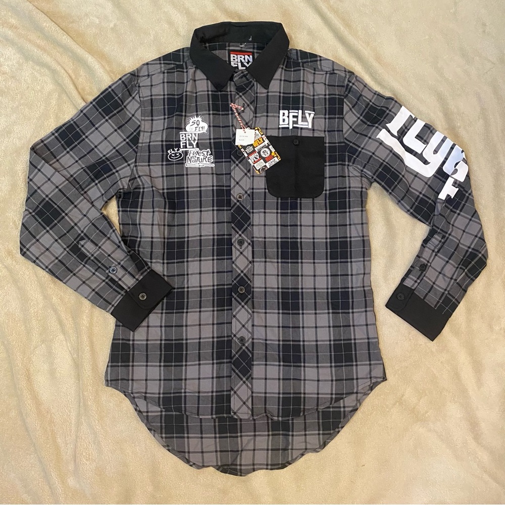 BornFly Grey Plaid Men’s Button Up L Embroidered Details Spellout Streetwear